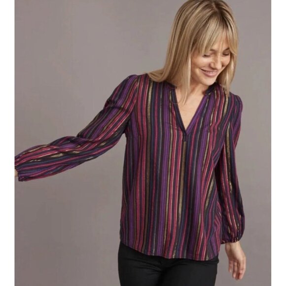 Marine Layer jamie womens blouse size XL banded collar top lurex multi stripe - Picture 4 of 7